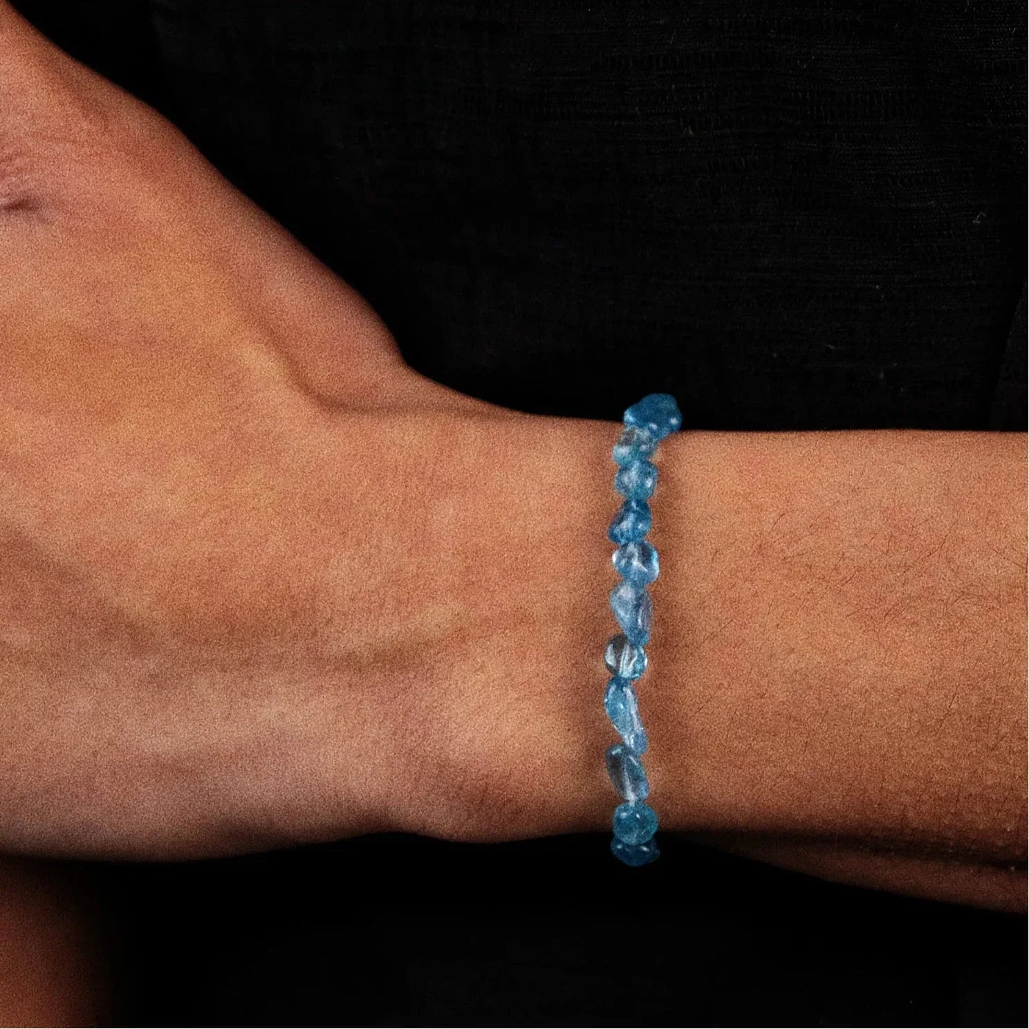 Irregular Aquamarine Bead Bracelet styled wrist view showing bracelet scale