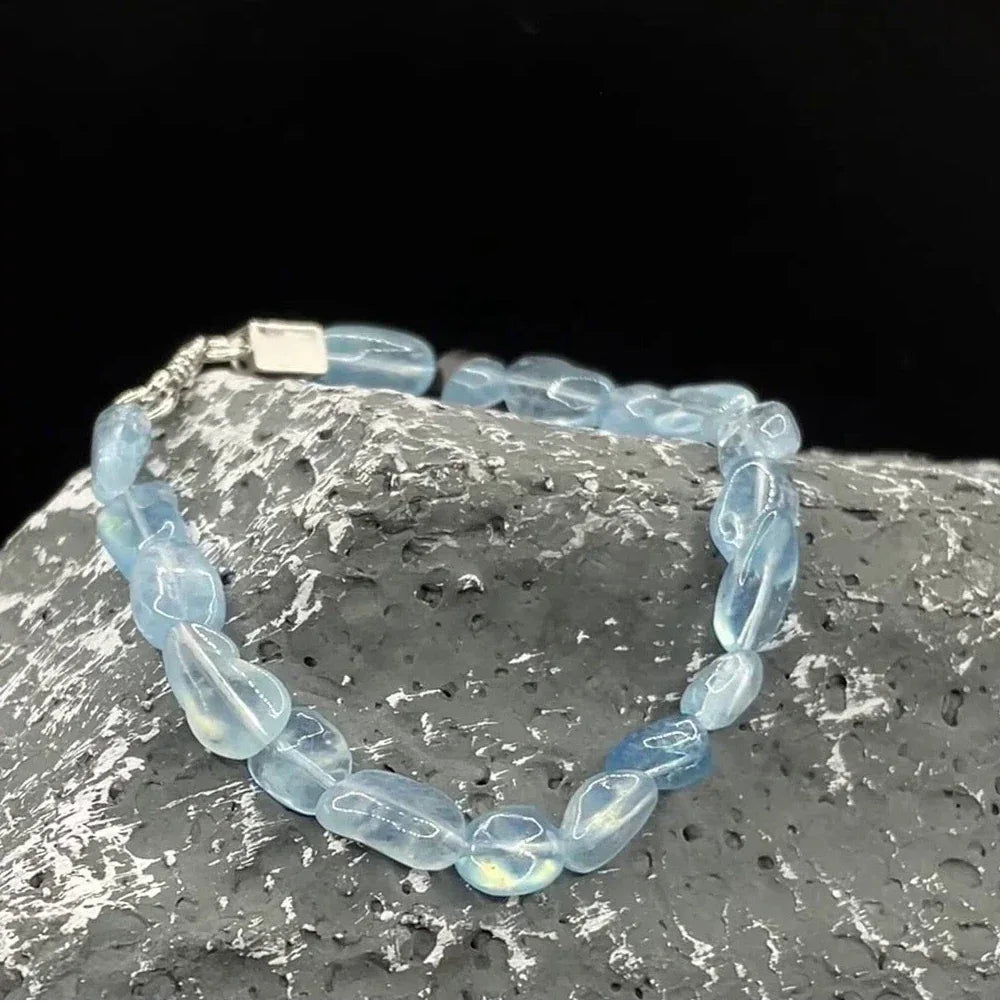 Irregular Aquamarine Bead Bracelet worn on the wrist from a second angle