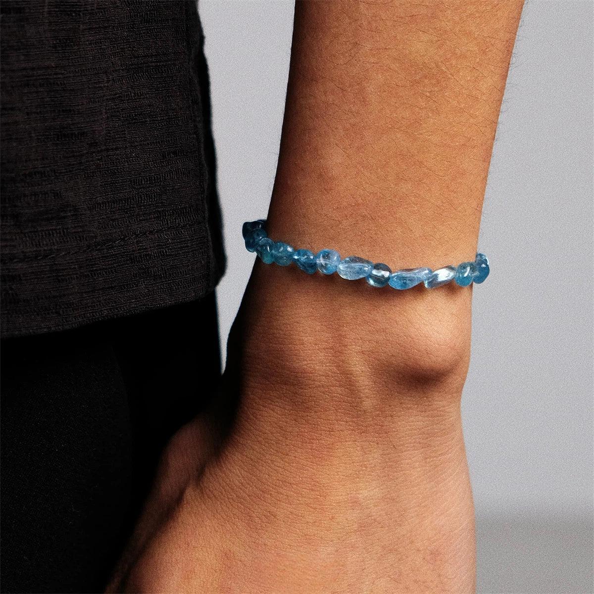 Irregular Aquamarine Bead Bracelet worn on the wrist in a close-up