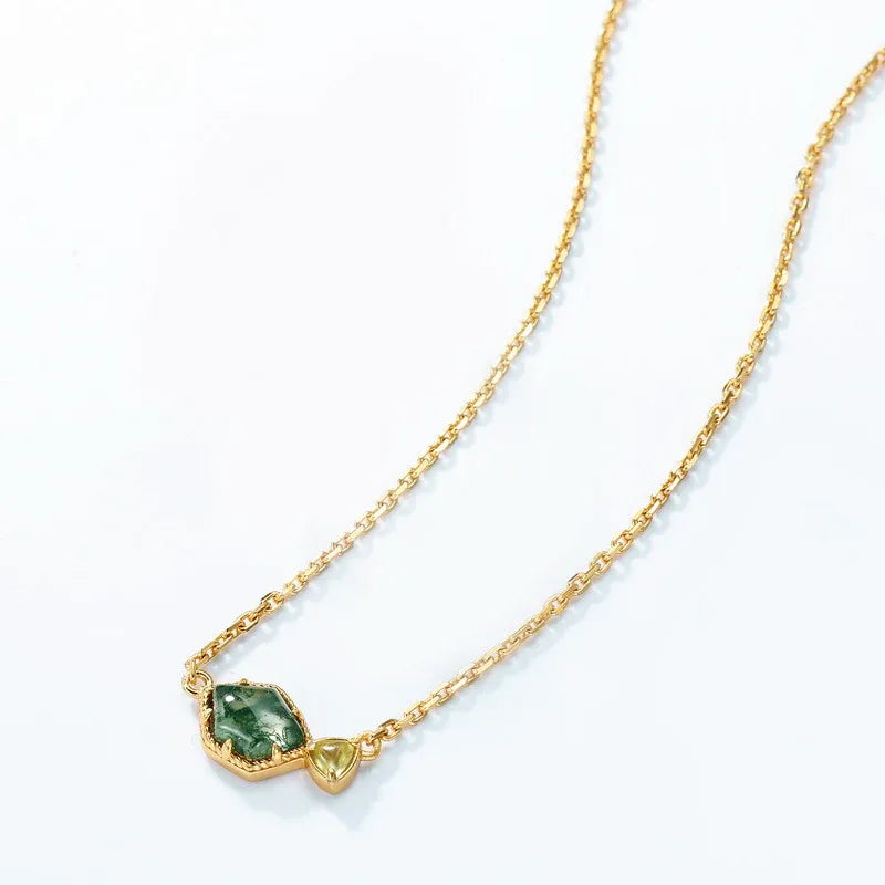 Irregular Green Moss Agate Pendant Necklace — angled pendant and chain detail 4