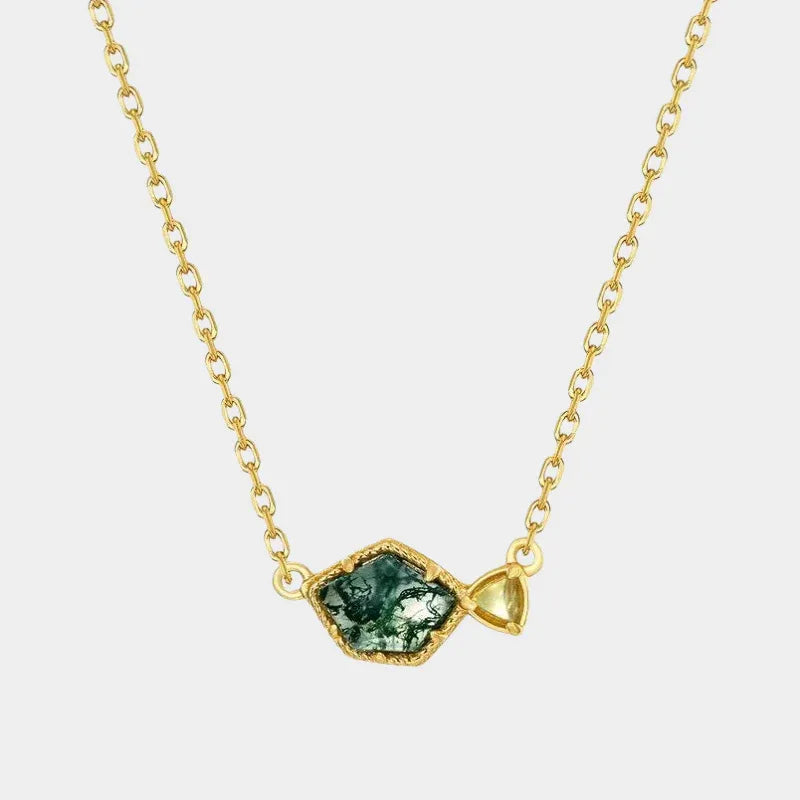 Irregular Green Moss Agate Pendant Necklace — full necklace view on a light background