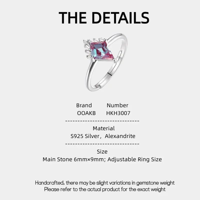 Kite-cut Alexandrite ring with a clear drop accent, product specification card with text