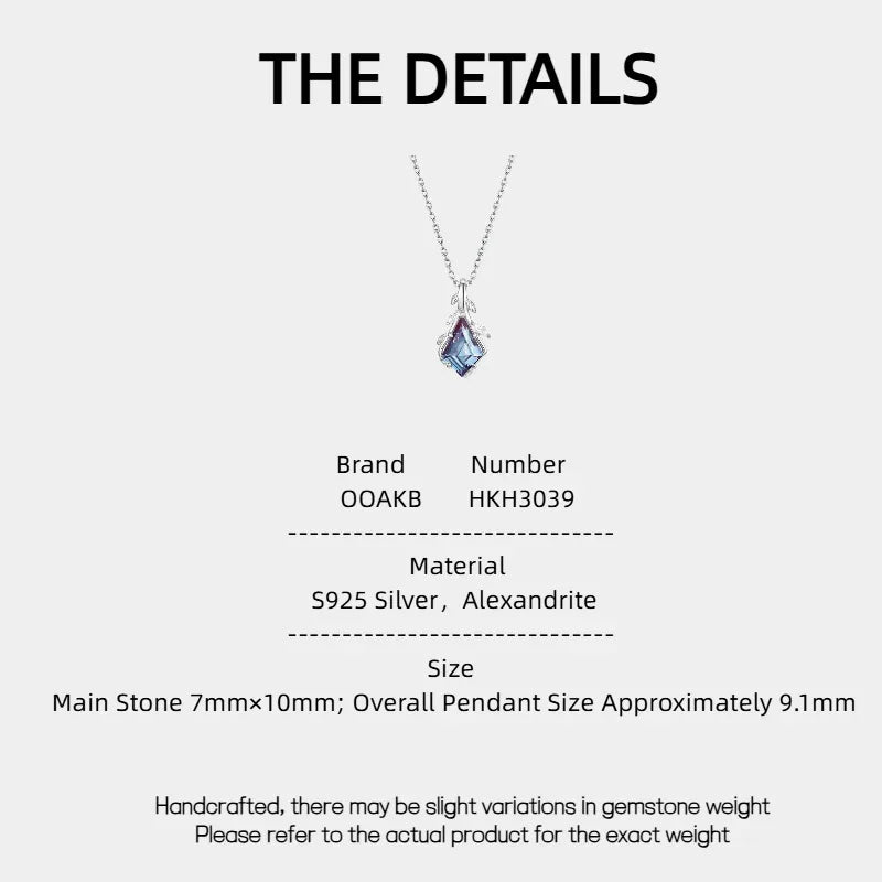 Kite-cut Alexandrite drop necklace with an open silver-tone frame, product specification card with text