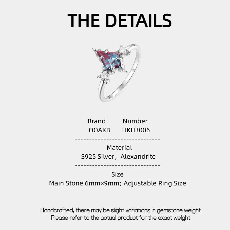 Kite-cut Alexandrite ring with clear halo accents, product specification card with text