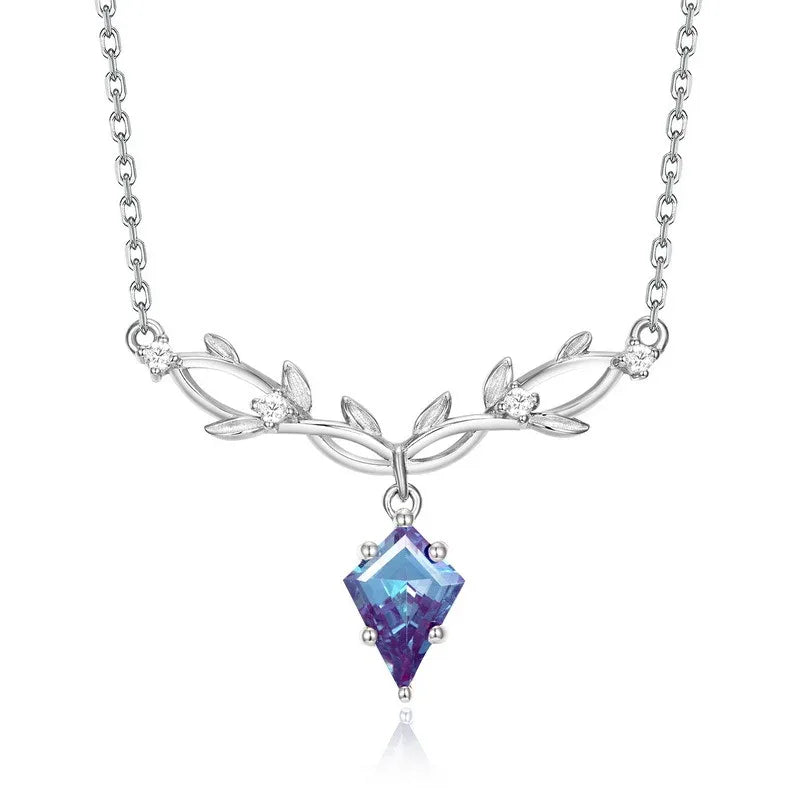 Kite-cut Alexandrite leaf collar necklace, front product view on a white background