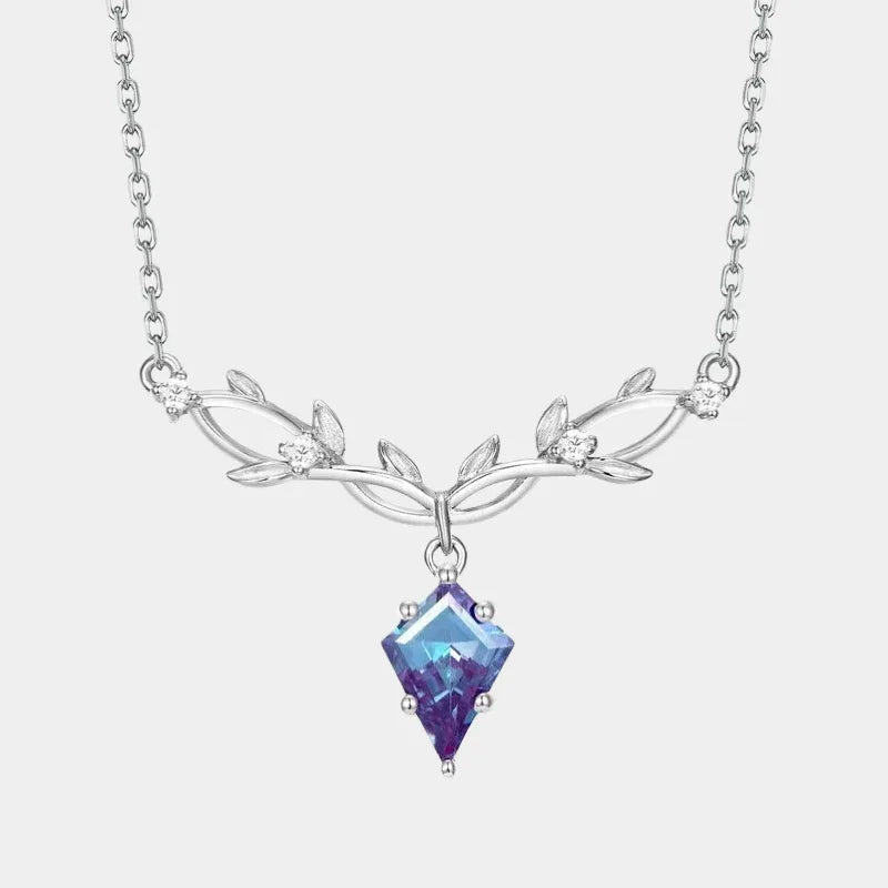 Kite-cut Alexandrite leaf collar necklace, full product view on a white background