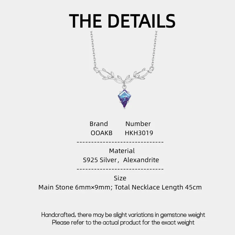 Kite-cut Alexandrite leaf collar necklace, product specification card with text