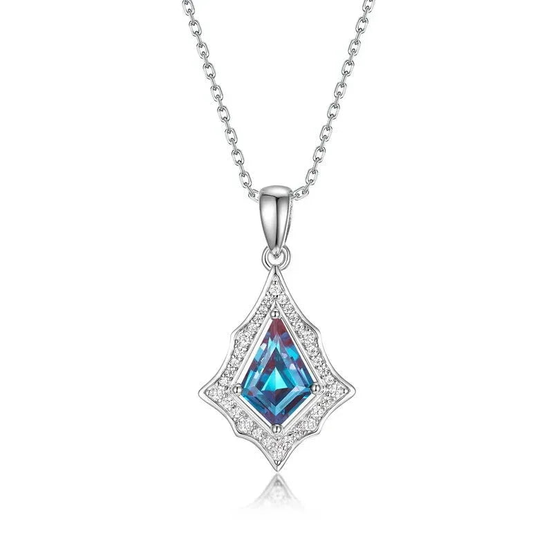 Kite-cut Alexandrite openwork pendant necklace, front product view on a white background