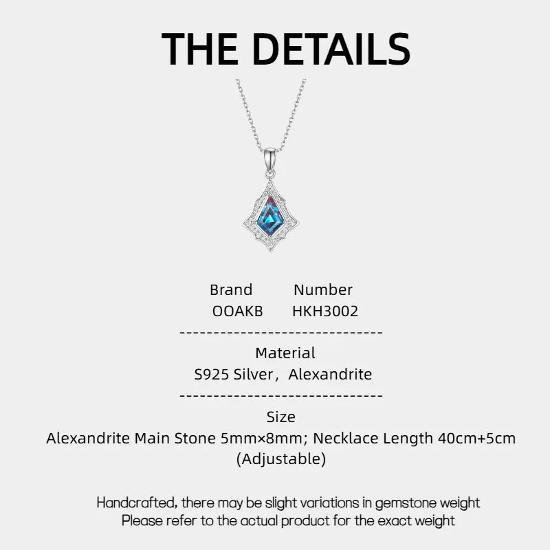 Kite-cut Alexandrite openwork pendant necklace, product specification card with text