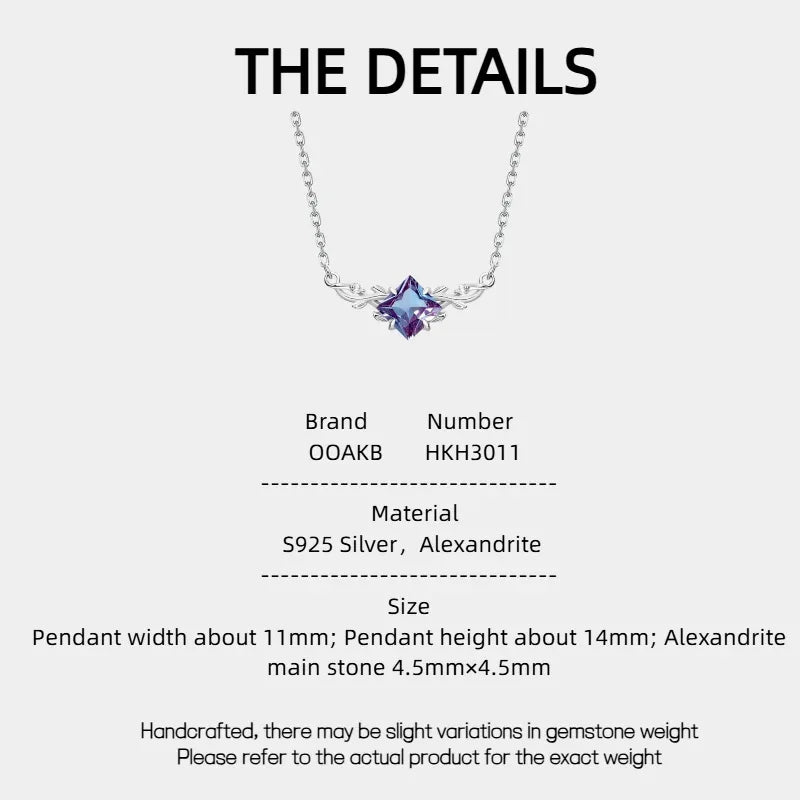 Kite-cut Alexandrite vine collar necklace, product specification card with text