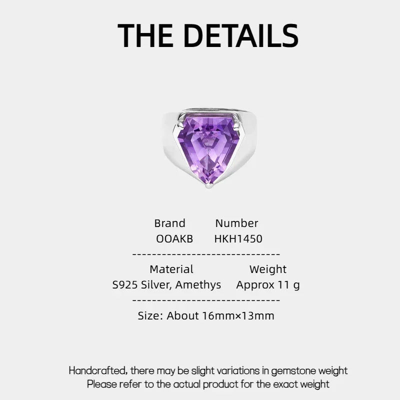 kite-cut amethyst ring specification card with product measurements