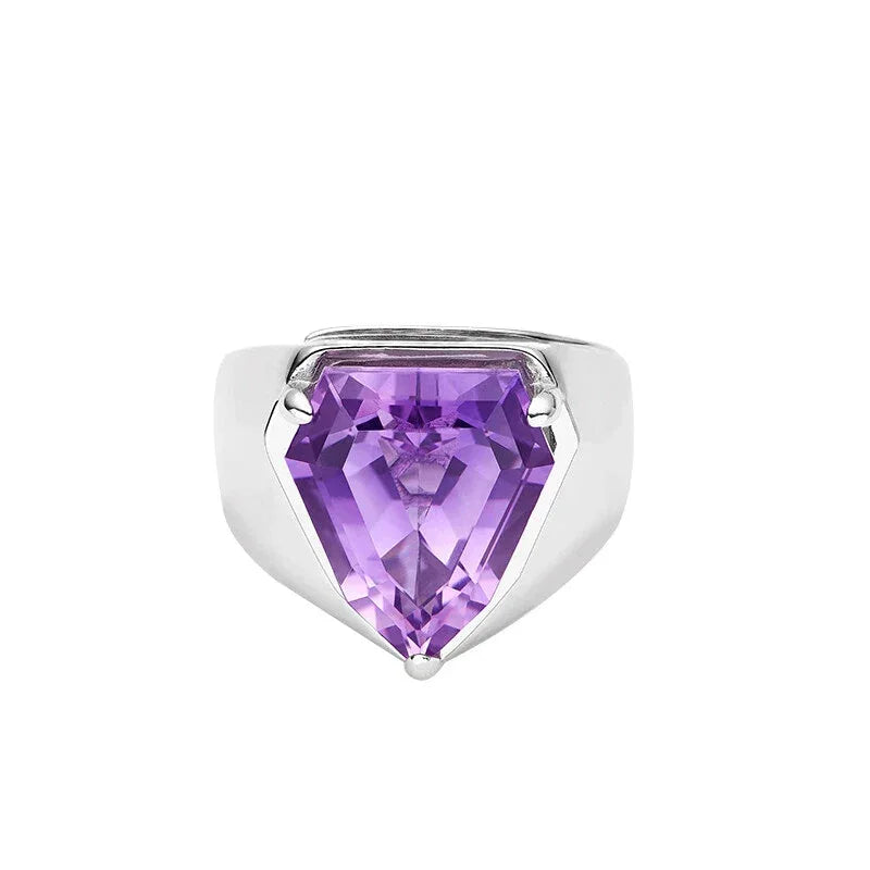 kite-cut amethyst ring worn detail beside the face