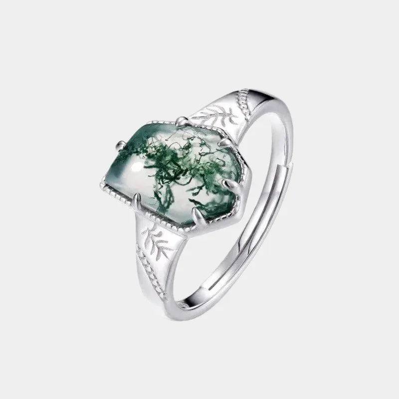Kite-Cut Moss Agate Open Ring — front product view on a light background