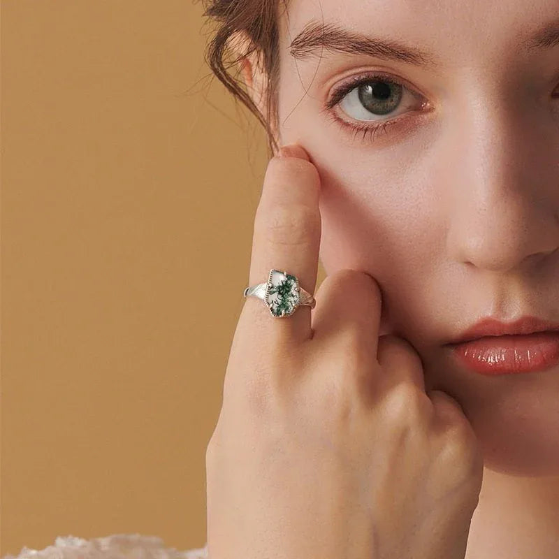 Kite-Cut Moss Agate Open Ring — hand-worn scale view 2