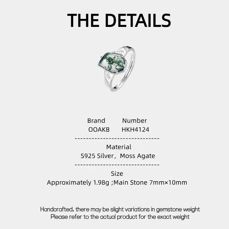 Kite-Cut Moss Agate Open Ring — Moss Agate specification card with material and measurements