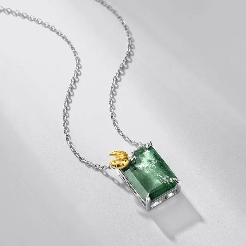 Rectangular Moss Agate Ladybug Accent Pendant Necklace — angled necklace arrangement