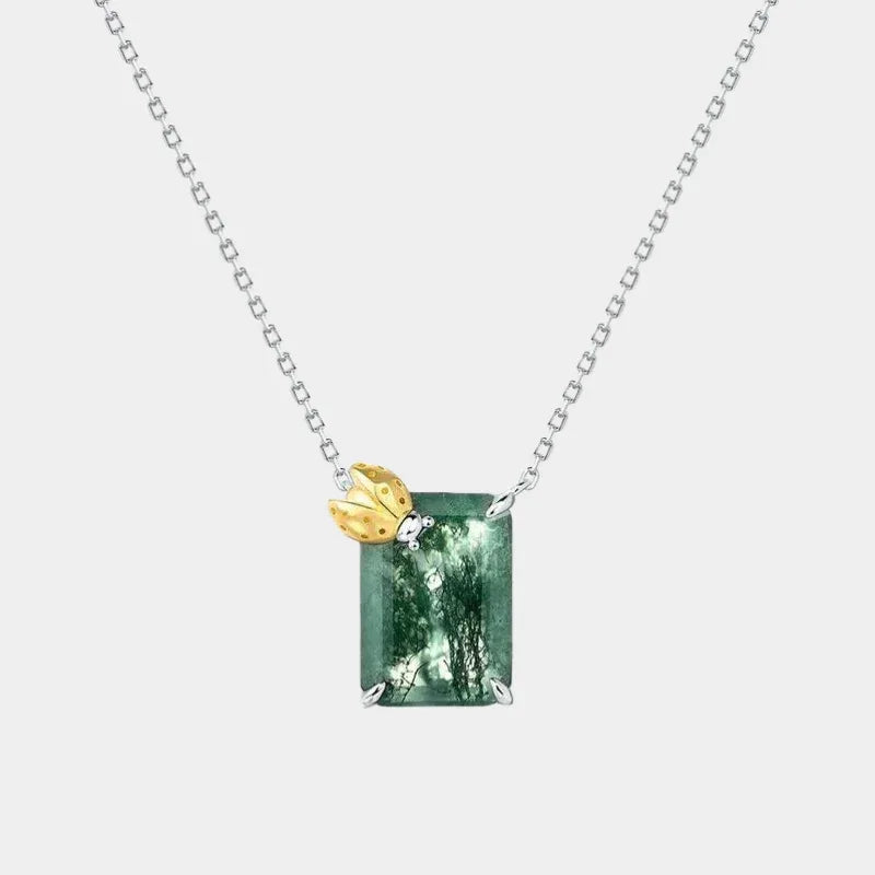 Rectangular Moss Agate Ladybug Accent Pendant Necklace — full necklace on white background