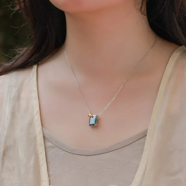 Rectangular Moss Agate Ladybug Accent Pendant Necklace — necklace worn at the neckline