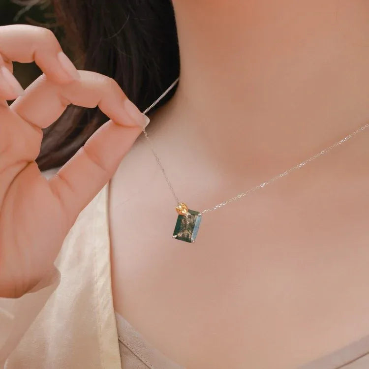 Rectangular Moss Agate Ladybug Accent Pendant Necklace — second neckline-worn close-up