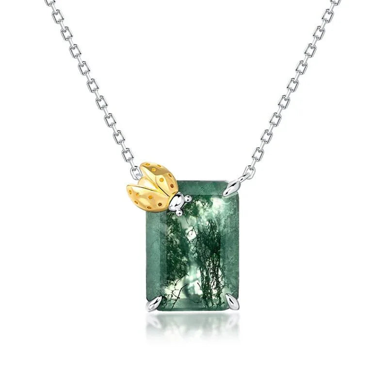 Rectangular Moss Agate Ladybug Accent Pendant Necklace — alternate full necklace view