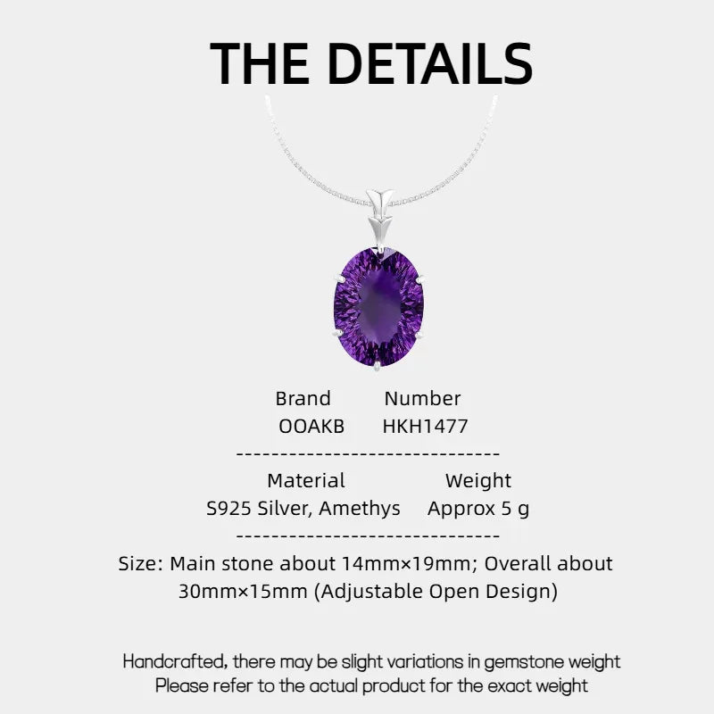 large oval amethyst pendant necklace specification card with product measurements