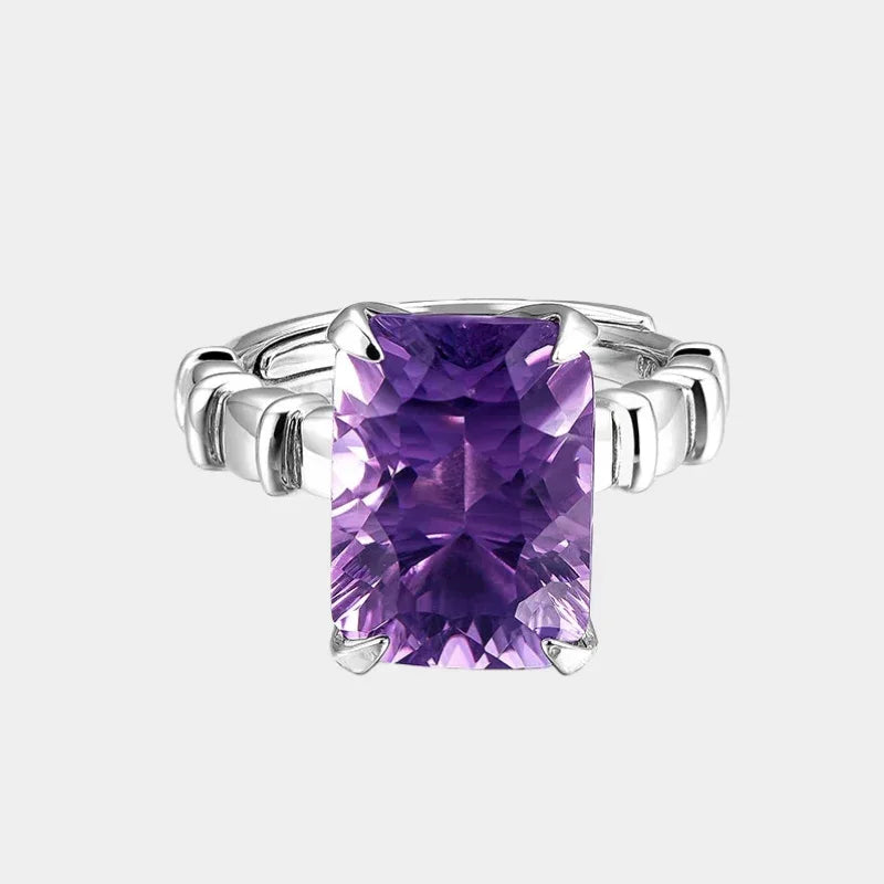 rectangular amethyst solitaire ring front product view on a white background