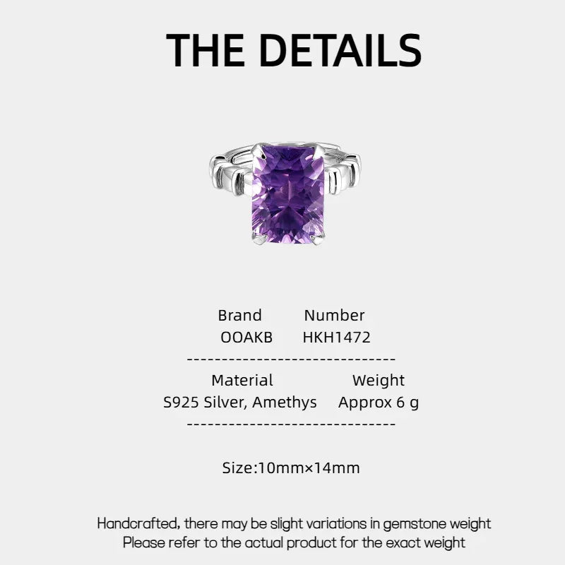 rectangular amethyst solitaire ring specification card with product measurements
