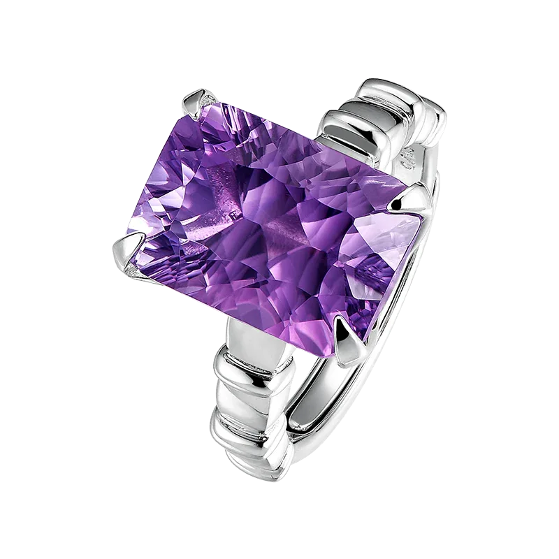 rectangular amethyst solitaire ring worn detail beside the face