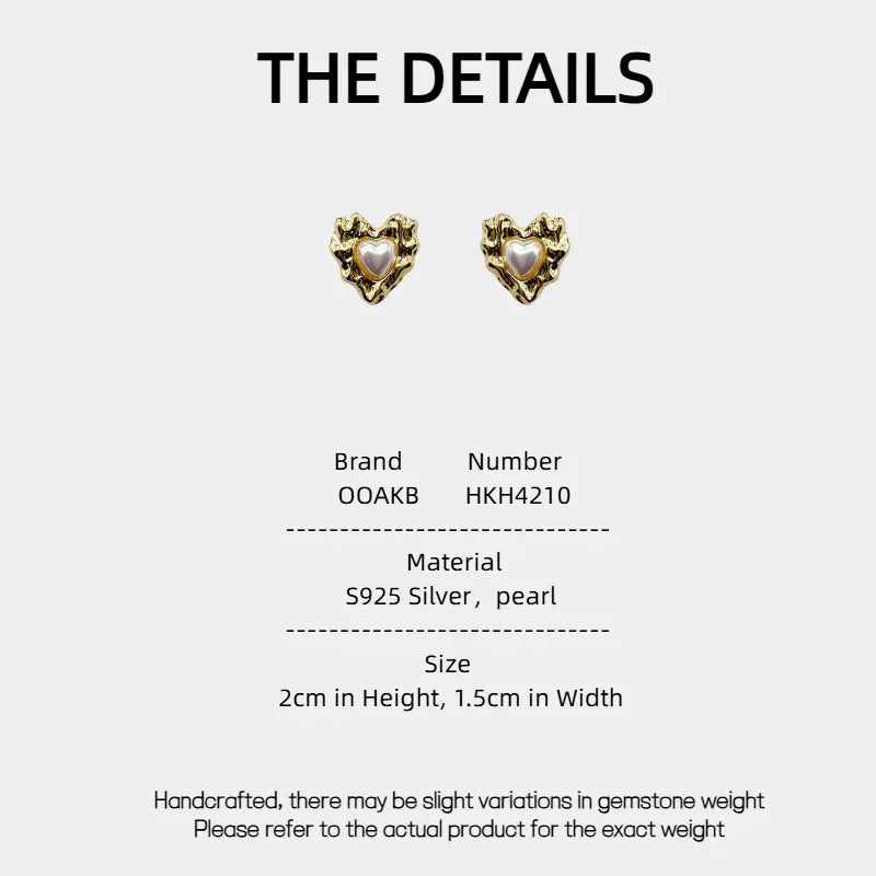 Molten-Texture Heart Pearl Stud Earrings — specification card with material and size details