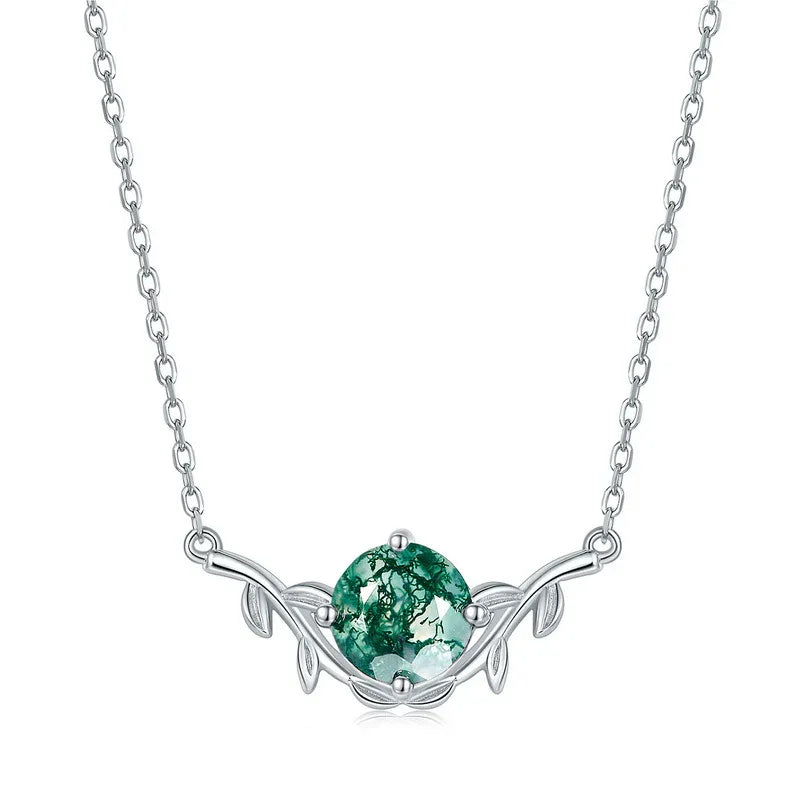 Leaf Moss Agate Pendant Necklace — angled pendant and chain detail 4