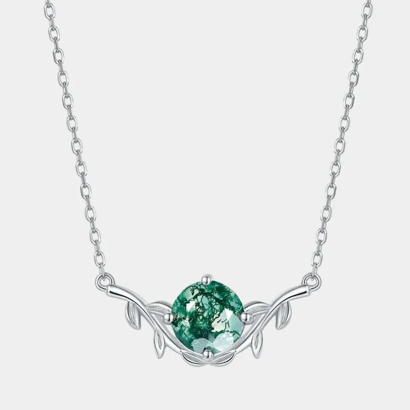 Leaf Moss Agate Pendant Necklace — full necklace view on a light background