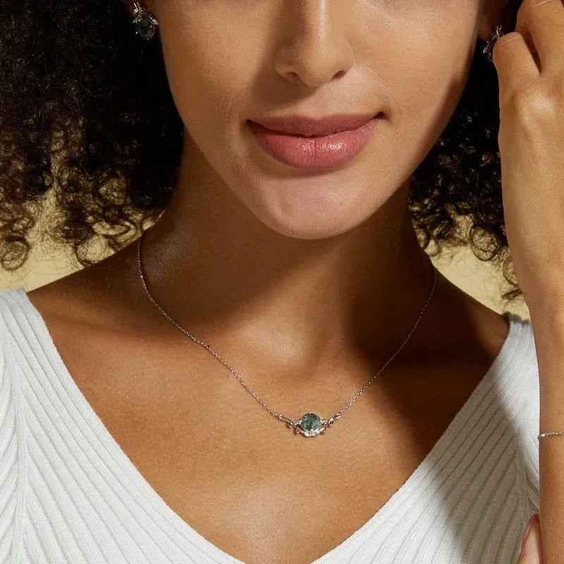 Leaf Moss Agate Pendant Necklace — neckline scale view 2