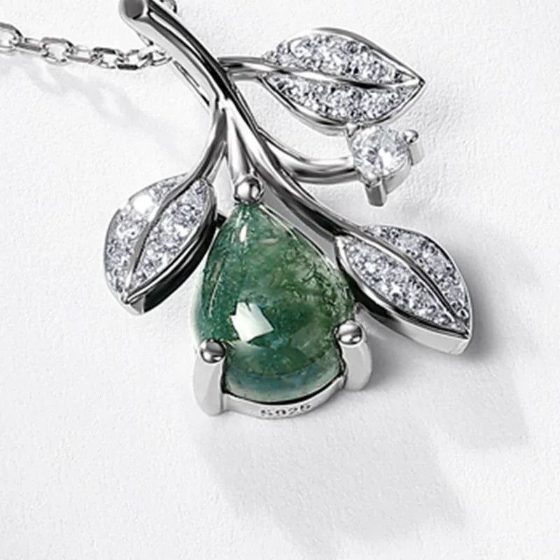 Leaf Vine Moss Agate Pendant Necklace — angled pendant and chain detail 4