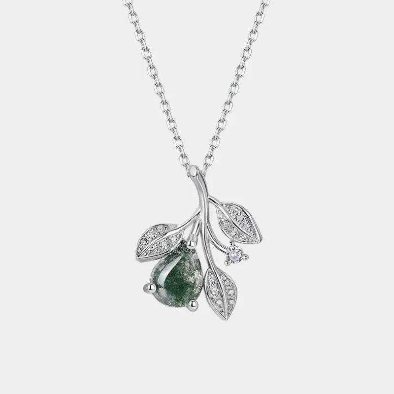 Leaf Vine Moss Agate Pendant Necklace — full necklace view on a light background
