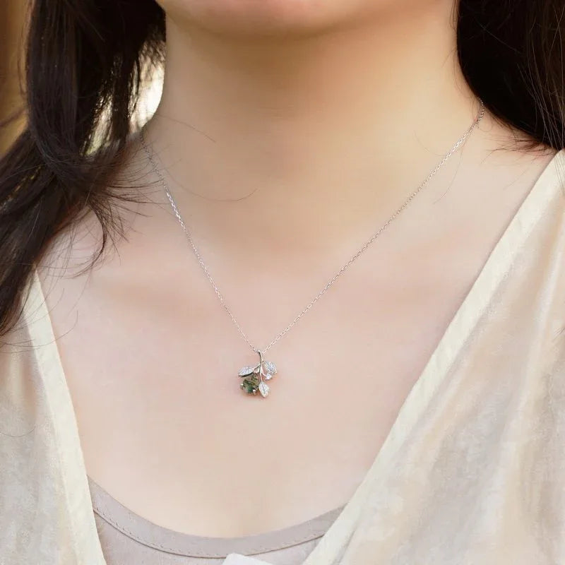 Leaf Vine Moss Agate Pendant Necklace — neckline scale view 2