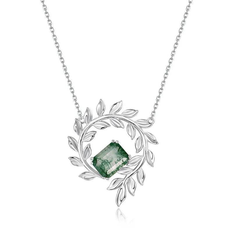 Leaf Wreath Moss Agate Necklace — angled pendant and chain detail 4