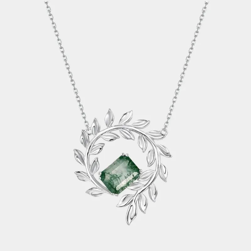 Leaf Wreath Moss Agate Necklace — full necklace view on a light background