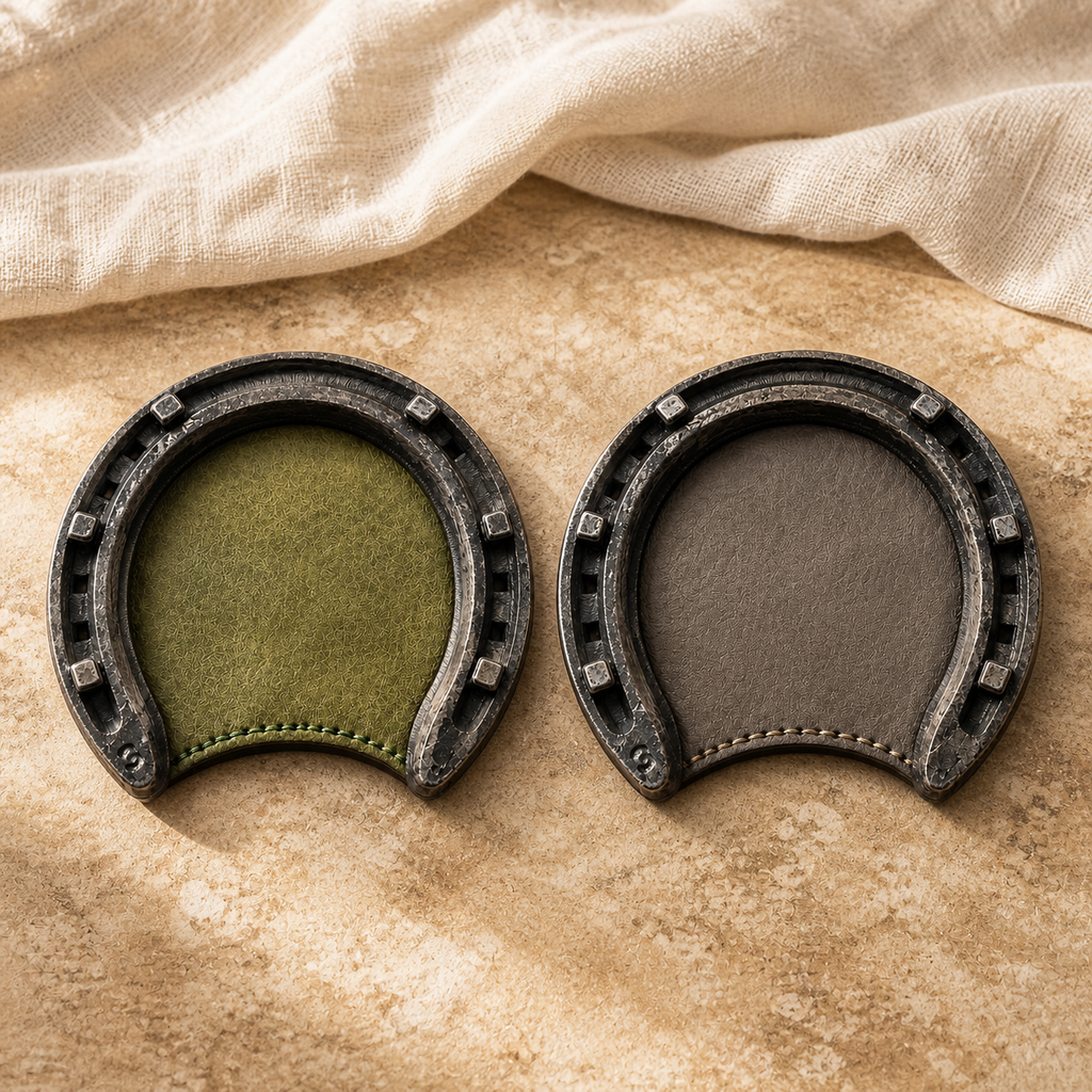 Pair of dark iron horseshoe coasters with olive and taupe leather centers on a warm beige surface