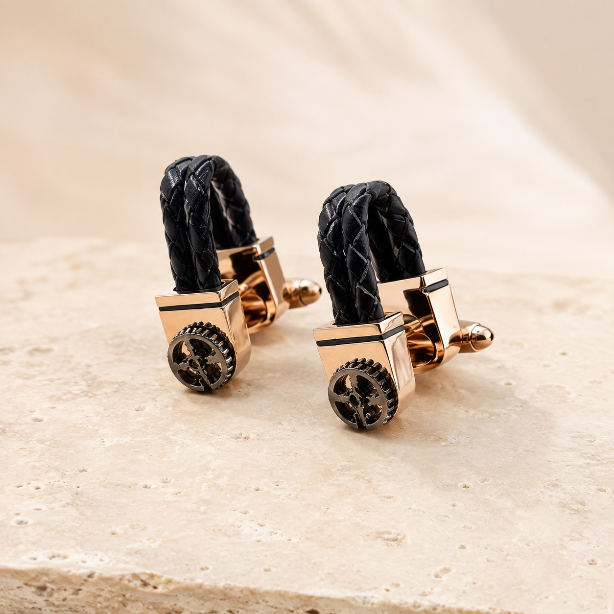 Leather and metal cufflinks with black braided leather loops on a warm neutral background