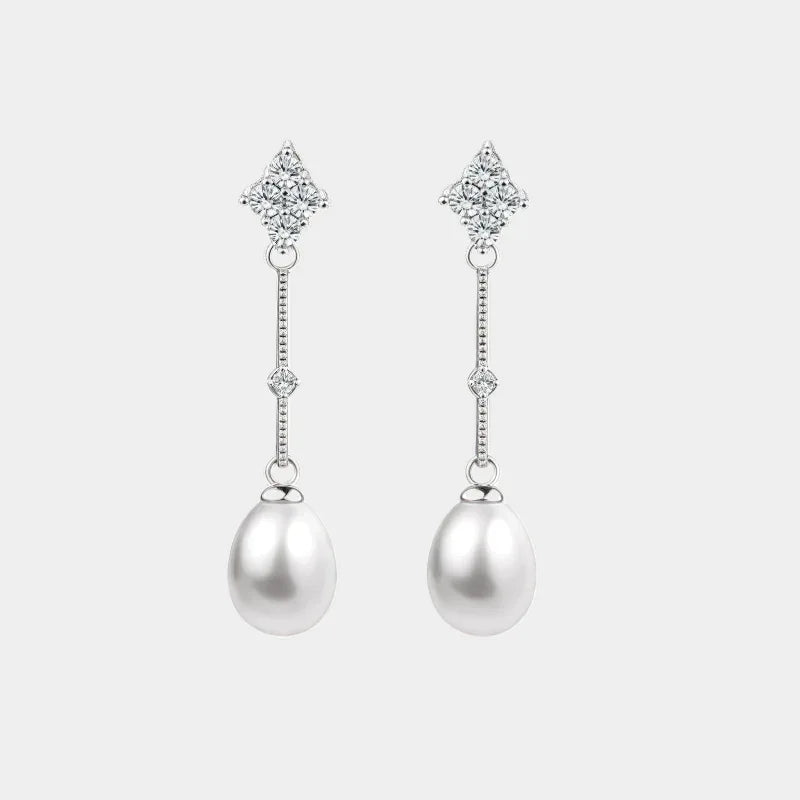 Teardrop Pearl Linear Earrings in Platinum-Plated S925 Silver — front view of long teardrop pearl earrings