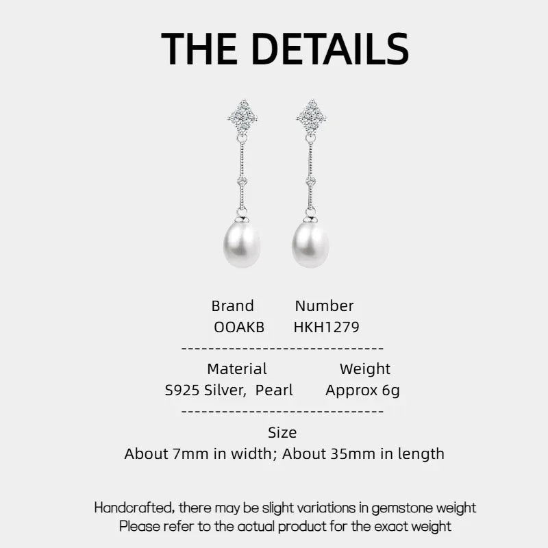 Teardrop Pearl Linear Earrings in Platinum-Plated S925 Silver — specification card with material and size details