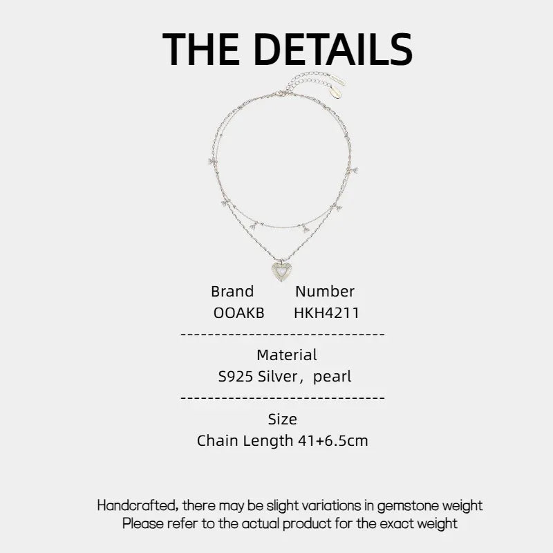 Double-Layer Pearl Heart Necklace — specification card with material and size details