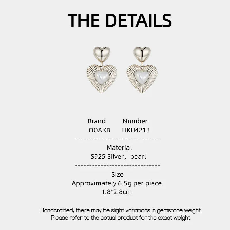 Double-Heart Pearl Drop Earrings — specification card with material and size details