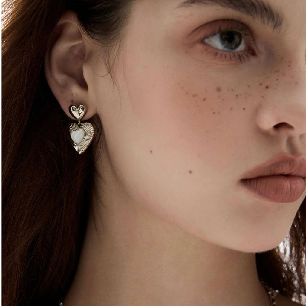 Double-Heart Pearl Drop Earrings — alternate right-ear worn portrait
