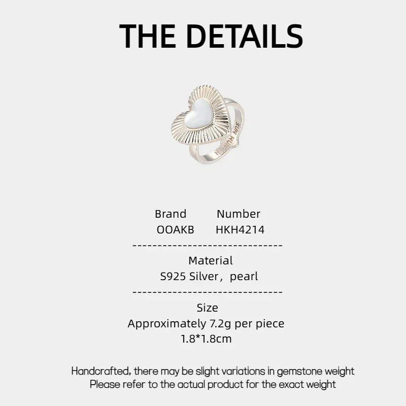 Ridged Pearl Heart Open Ring — specification card with material and size details