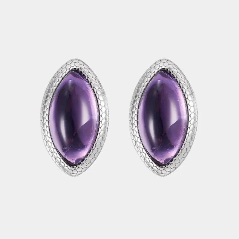 marquise amethyst stud earrings front product view on a white background