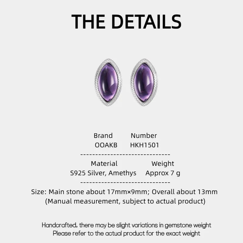 marquise amethyst stud earrings specification card with product measurements