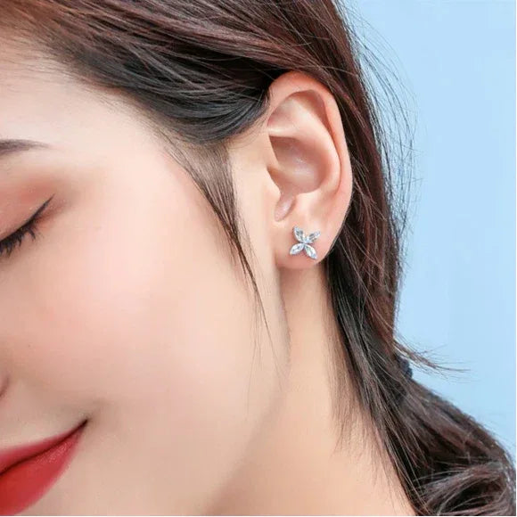Marquise Aquamarine Four-Petal Stud Earrings side view showing posts and settings