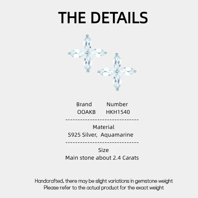 Marquise Aquamarine Four-Petal Stud Earrings specification card with product measurements