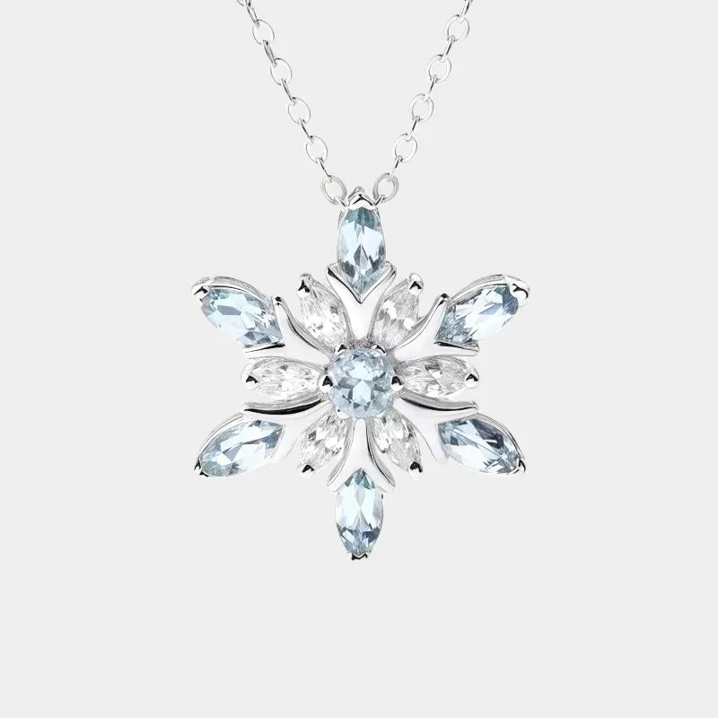Marquise Aquamarine Snowflake Pendant Necklace full necklace view on a white background